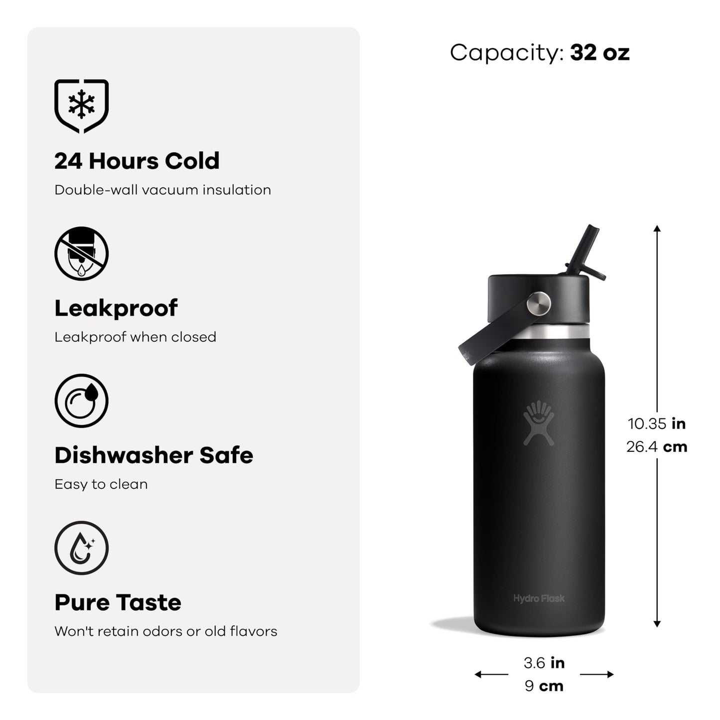 Hydro Flask Water Bottle - Insulated Stainless Steel - Wide Mouth Flex Straw Lid, Non Spill, Leakproof and Refillable in 32 Oz Tonal White