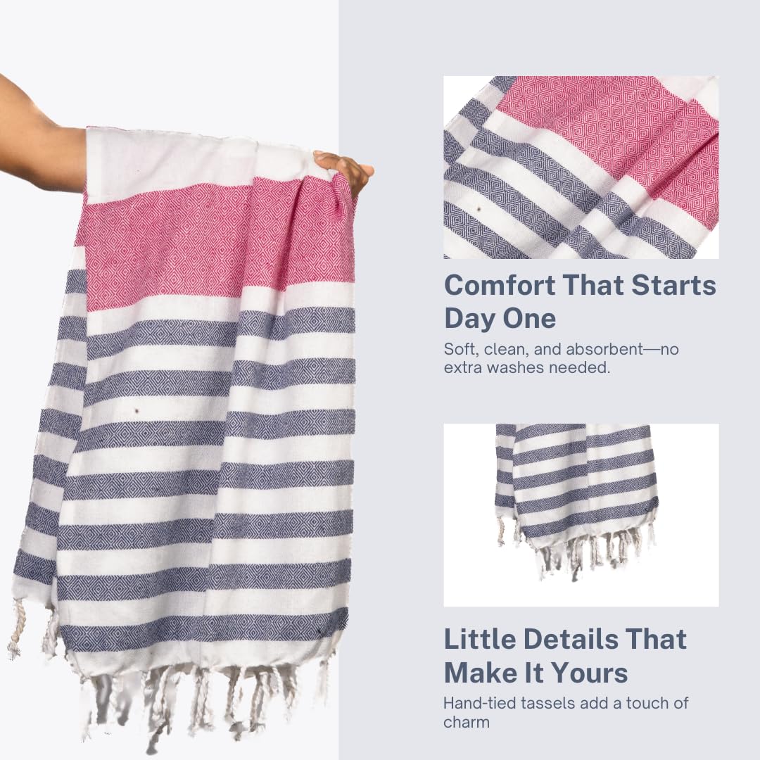 9Threads Cotton Turkish Beach Towel with Towels Oversized 36"x72" Pool Absorbent Extra Large Quick Dry Sand Travel Towel (Rosé & Riviera, 4 Pack)