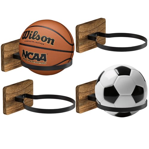 Daoun Basketball Holder Wall Mount with Wooden Base, 4 Pcs Ball Storage Holder for Football Basketball Soccer Rugby Display Rack - Boys Sports Accessories Organizer