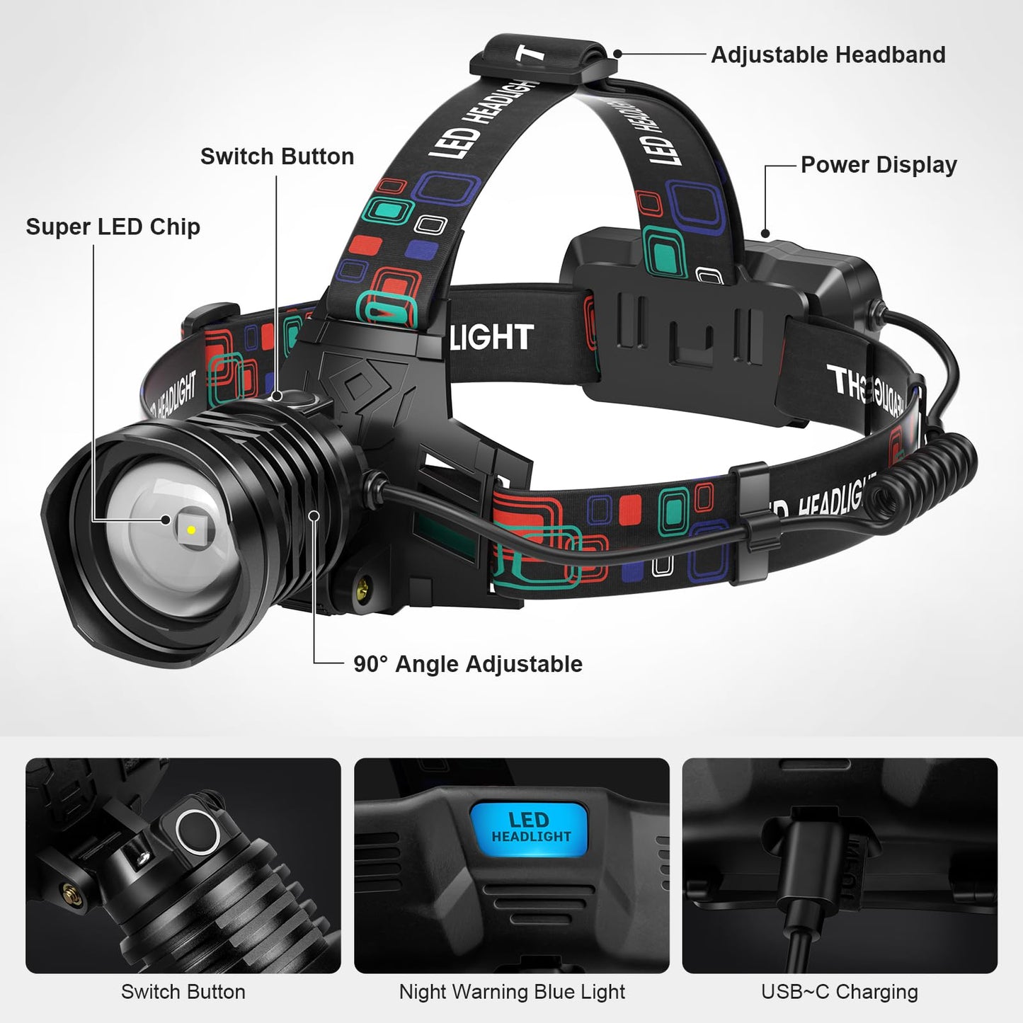 azamine Rechargeable Headlamp Super Bright 99000 Lumens, 2Pack LED Head Lamp with 3 Modes, 90° Adjustable Head Lights for Forehead, IPX6 Waterproof HeadLamps for Adults Camping Hunting Hiking