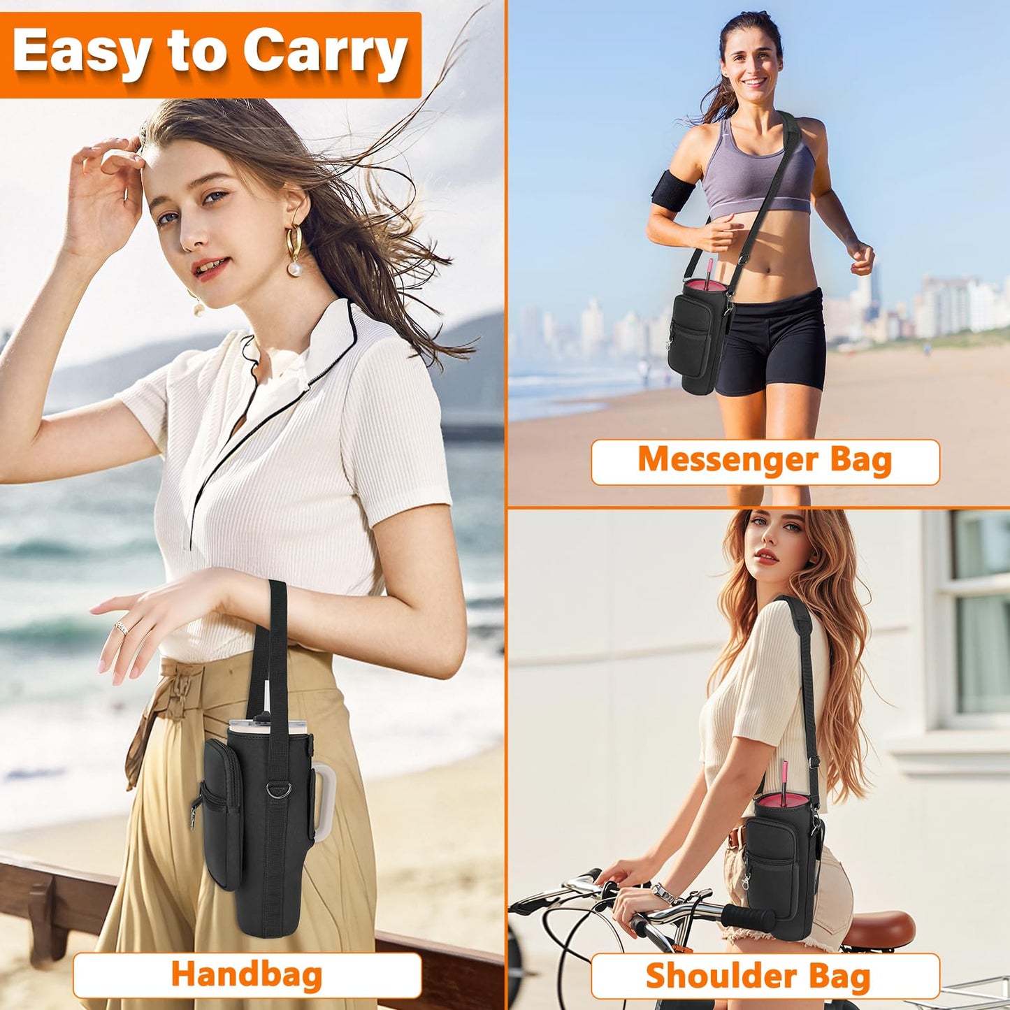 Water Bottle Carrier Bag with Phone Pocket Compatible with Stanley/Meoky 40 oz Tumbler with Handle,Water Bottle Holder Pouch with Adjustable Strap Compatible with Stanley Cup Accessories,Black