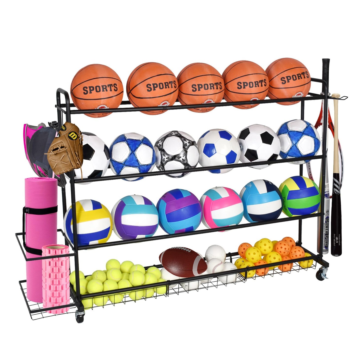 ELKCIP Basketball Rack, Shooting Training Rolling Ball Stand, Garage Organizer with Wheels, 4-Layer Sports Equipment Storage Holder with Baskets and Hooks for Soccer Baseball Footballs Volleyball