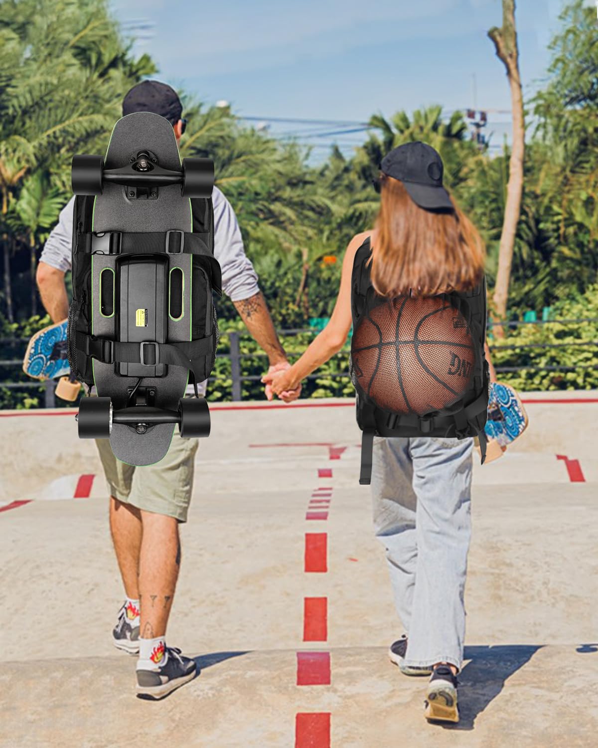 WOLT Skateboard Backpack, 15.6 Inch Laptop Backpack for Men Women, Sports Backpack with Ball Holder for Longboard Basketball Soccer, Black