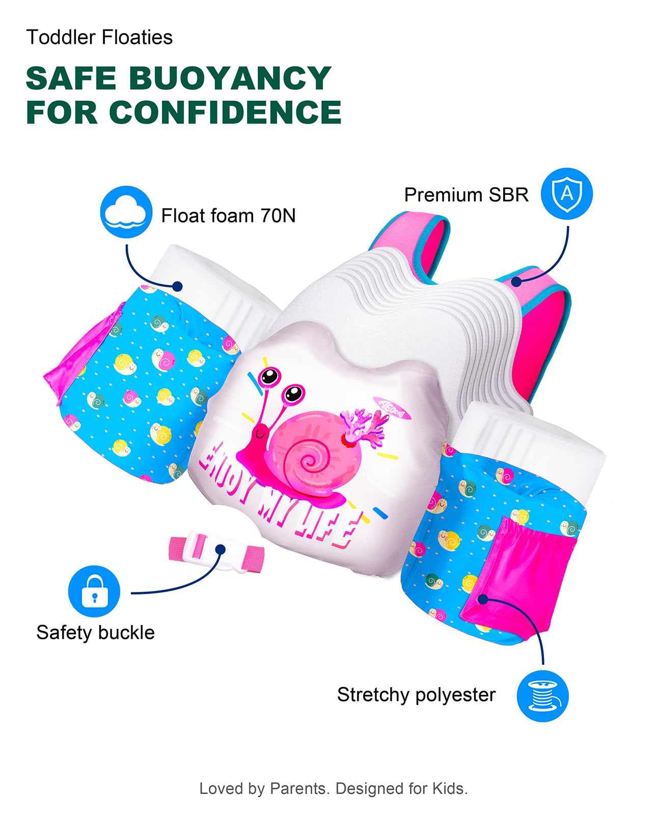 AEOCOO Puddle Float Jumper 30-50-60-66 Pounds, Toddler Swim Vest for 2-3-5-7 Years Old, Pool Floats with Swimming Arm Floaties Swim Jacket for Kids Swimmies, Boys, Girls, Niños, Snail