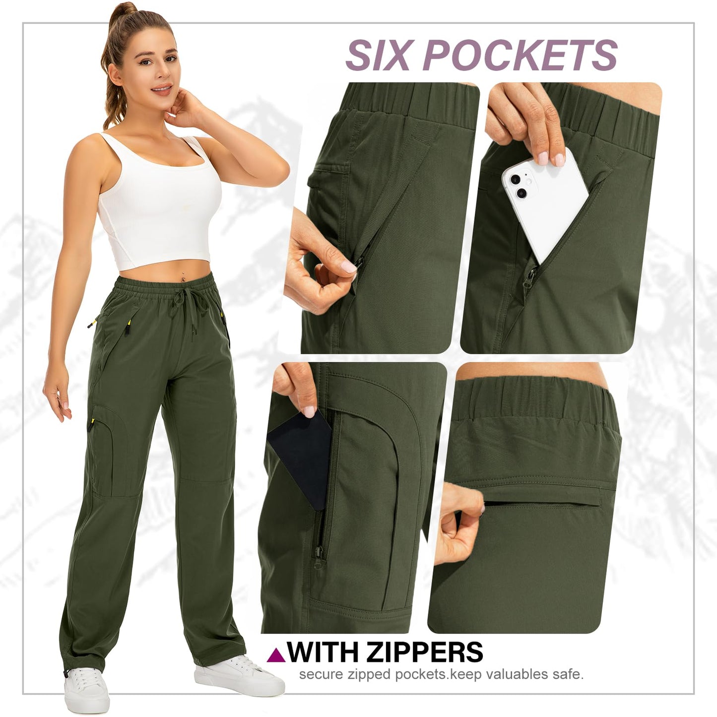 Toomett Women's Hiking Pants Safari Quick Dry UPF 50 Travel Golf Pants Lightweight Camping Work Cargo Pants Zipper Pockets,6608,Army,XL