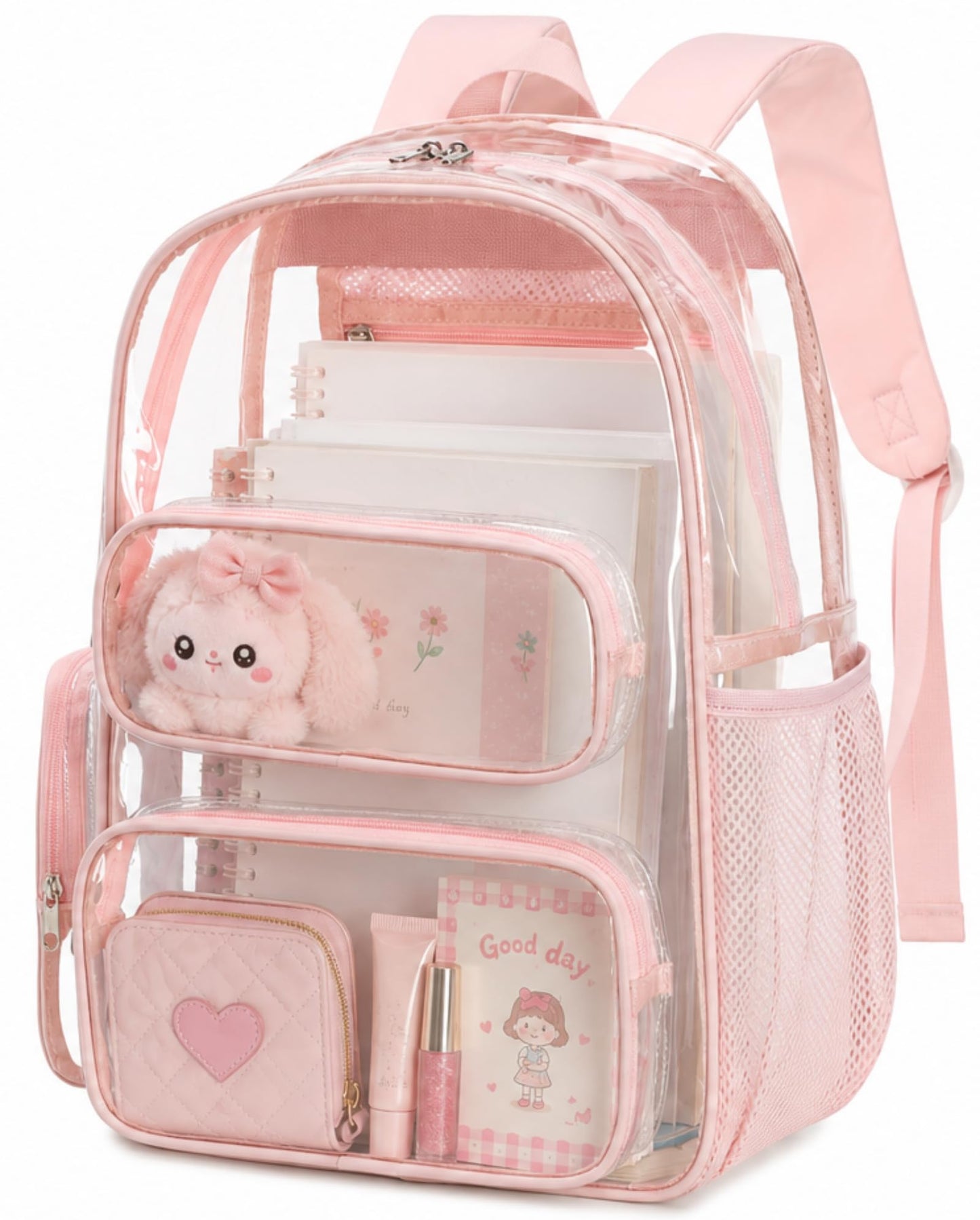 BTOOP Clear Backpack Heavy Duty Transparent Backpack 17" See Through Bookbag for College Work Festival Security Padded Strap (Pink)