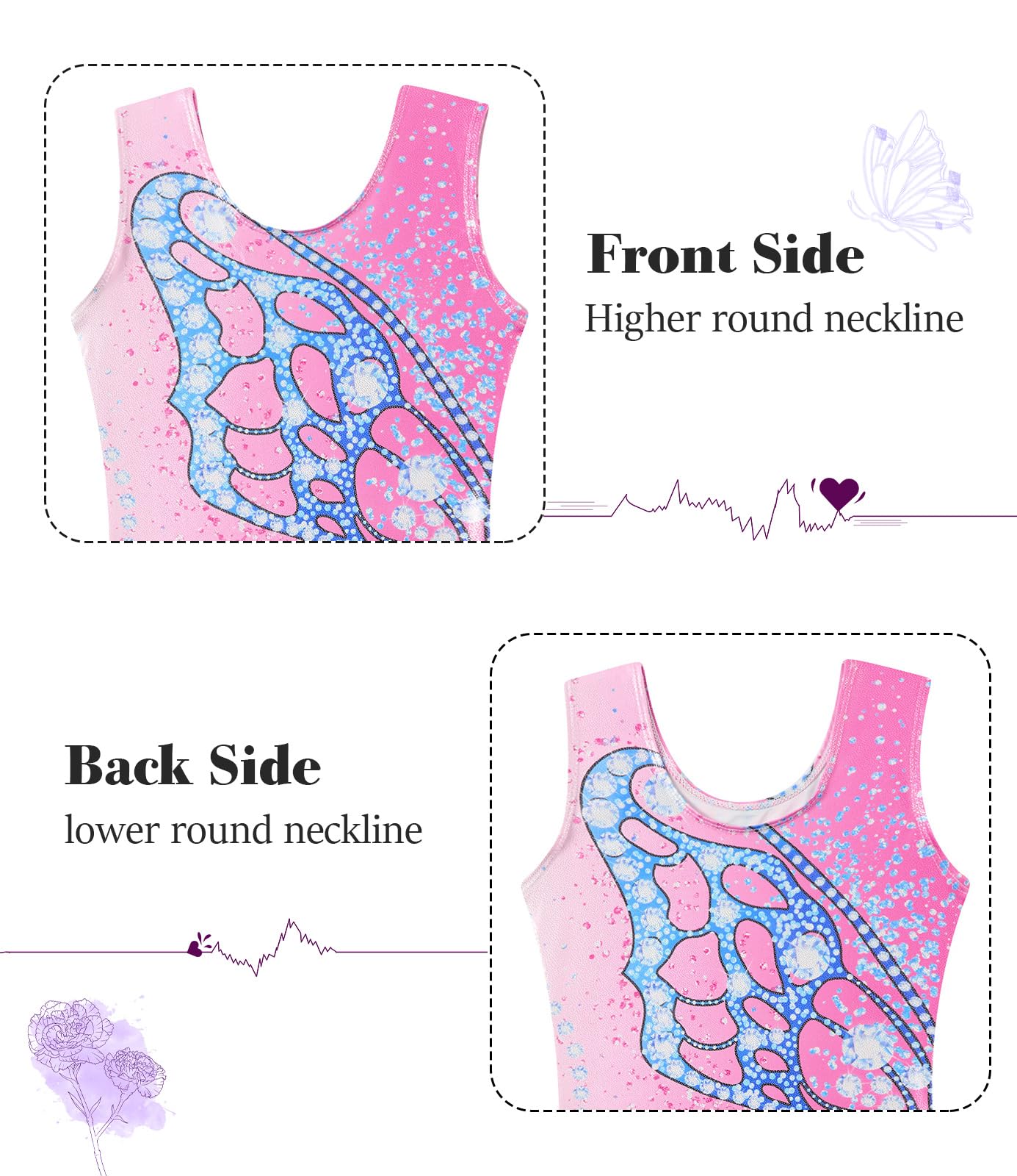 Vogseek Gymnastics Leotards for Girls 9 10 Years Pink Blue Butterflyss Tumbling Outfits with Hair Scrunchie Kids Sparkle Ballet Dance Biketards, Pink Blue