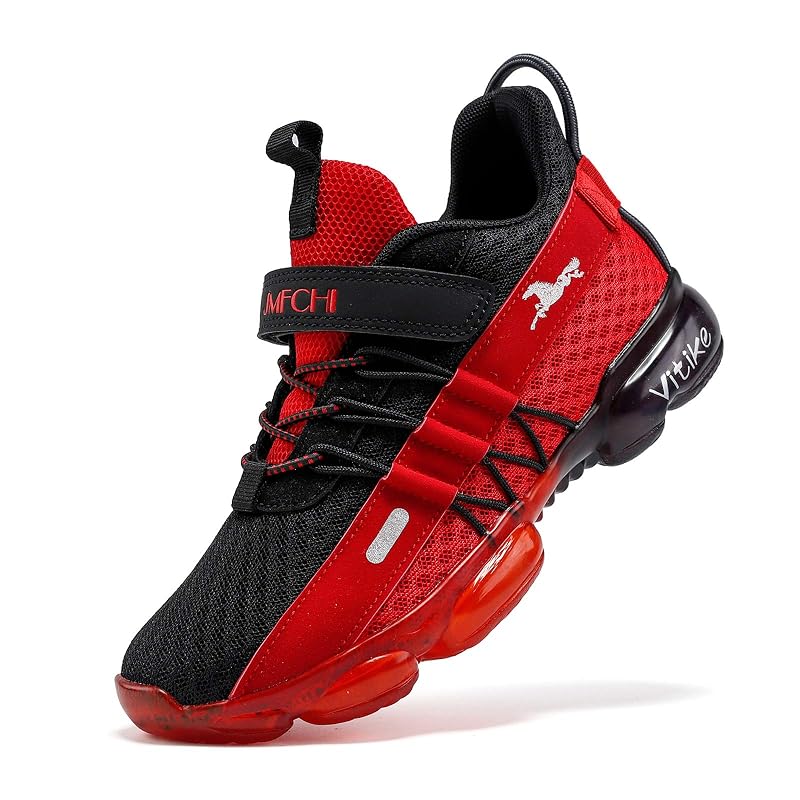 Kids Sneakers Running Shoes Boys Girls Knitted Mesh Elastic Lace Black/Red-8100+8