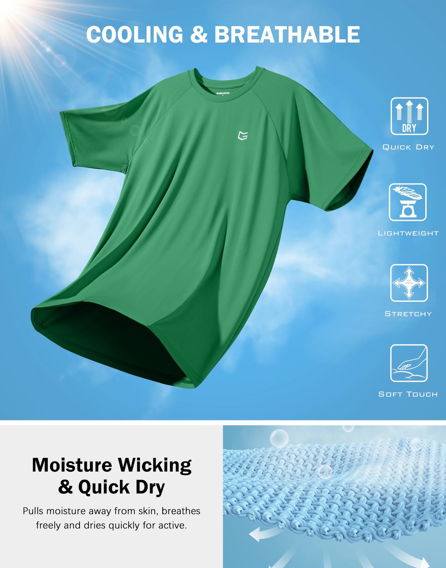 G Gradual Men's Athletic Workout T-Shirts Moisture Wicking Cooling Running Shirts Short Sleeve Performance Tee for Gym Tennis(Green,M)