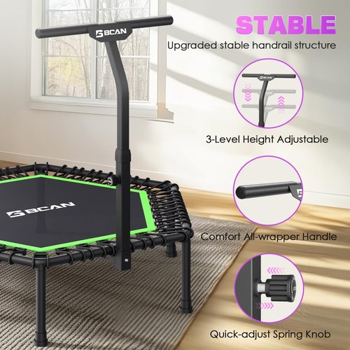BCAN 51" Mini Hexagon Trampoline, Adult Fitness Trampoline with T-Adjustable Handle Bar, Silent Bungees, Larger, More Stable, Quiet Indoor/Garden Workout - Green