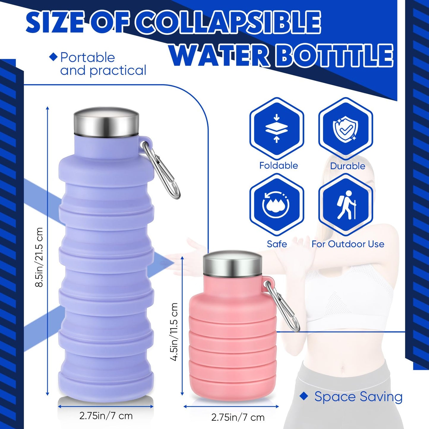 Baderke 2 Pcs Collapsible Water Bottles 17oz Silicone Travel Foldable Portable Water Bottle with Buckle Silicone Lightweight Reusable Leakproof for Camping Hiking Cycling Sport(Purple, Pink)