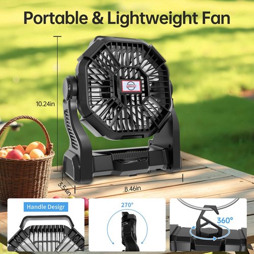 Eloslos Portable Rechargeable Camping Fan for Tent, LED Lantern, 270 Rotation, 36 Hours 10-Inch Quiet Personal USB Cooling Fan for Travel, Home, Office