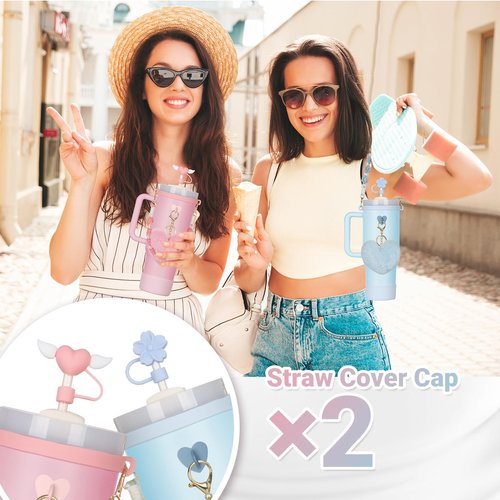 Rabrgab 7Pcs Orange Stanley Cup Accessories Set with Handle Strap, Love Heart/Flower Straw Topper Straw Cover Cap, Silicone Boot, Love Heart Charms for Water Bottle Tumbler 20oz 30oz 40oz