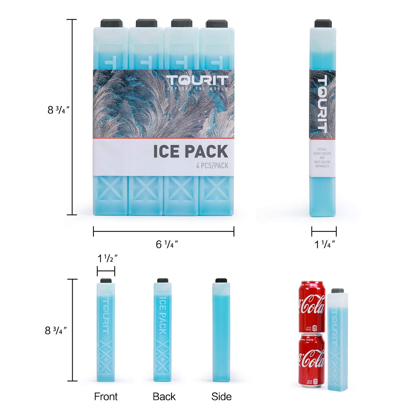 TOURIT Ice Packs for Coolers, 4 Pack Reusable Long Lasting Freezer Packs for Lunch Bags/Boxes, Cooler Backpack, Camping, Beach, Picnics, Fishing and More, Blue