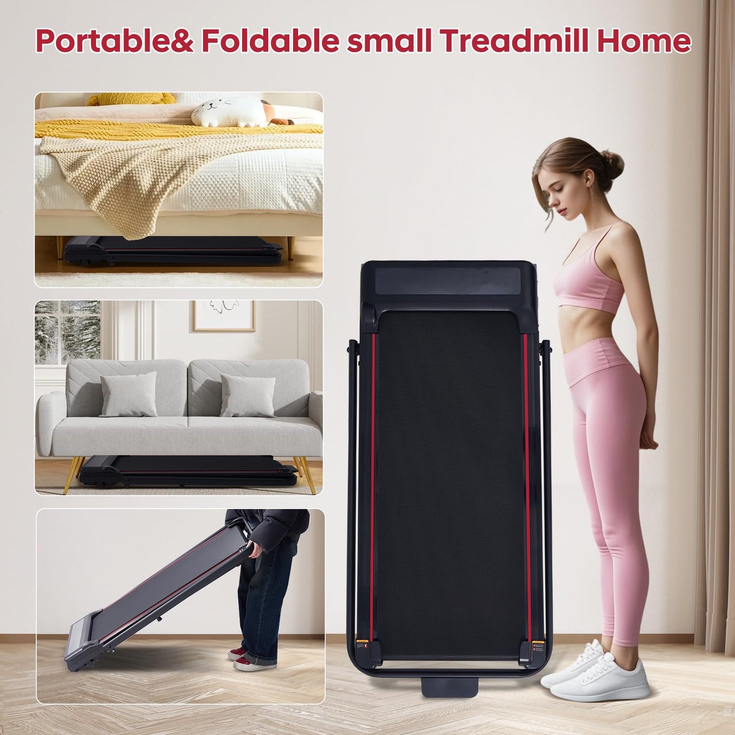 Small Treadmill with Handle Bar Incline Portable Walking Pad for Home