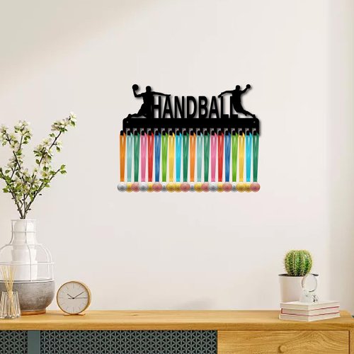 CREATCABIN Handball Medal Hanger Sports Medal Holder Display Award Lanyard Ribbons Organizer with Hooks Metal Black Rack Mounted for Wall Hanging 20+ Medals Sport Race Gifts Soccer Players Athletes