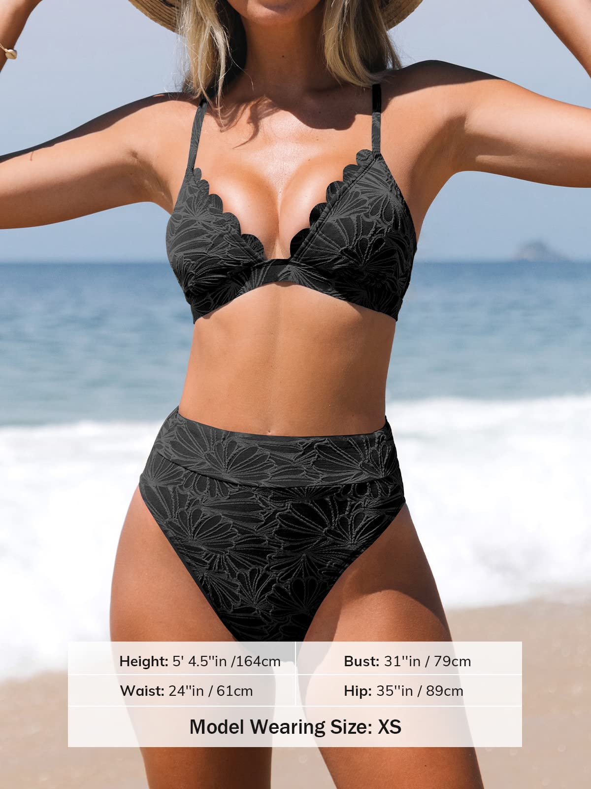 CUPSHE Bikini Set for Women Bathing Suit High Waisted Scalloped V Neck Two Pieces Swimsuit, M Black