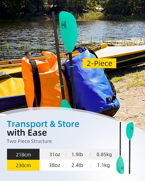 OCEANBROAD Kayak Paddle 86in/218cm Alloy Shaft 2-Piece Floatable Kayak Oar for Kayaking Canoeing Boating, 1 Paddle, Mint Green