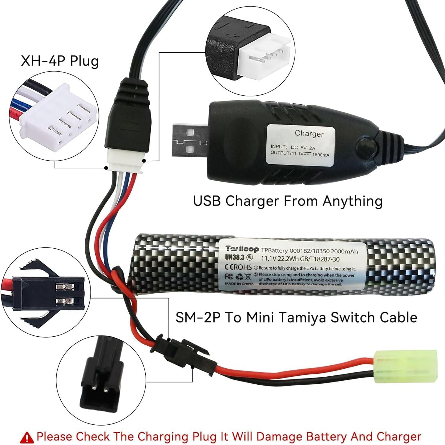 11.1v Battery Gel Blaster - Airsoft Batteries 11.1 Volt 2000mAh with Charger and Mini Tamiya Connector to SM-2P Plug Conversion Cable for Water Bead Splatter Ball 2 Pack