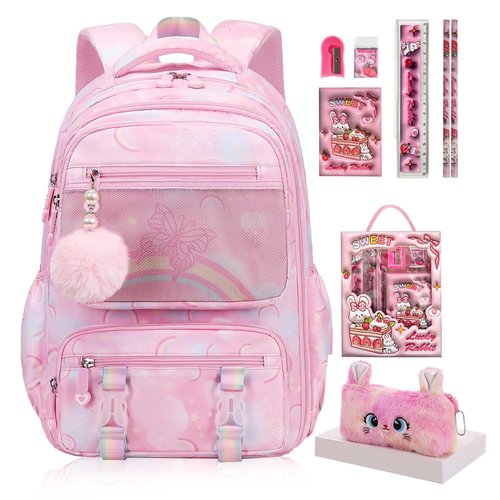 QJHEC Kawaii Starry Rainbow Backpack for Girls – Butterfly Bookbag with Fluffy Charm, Pencil Case & Study Set for Kids & Teens – Pink 17.5inch