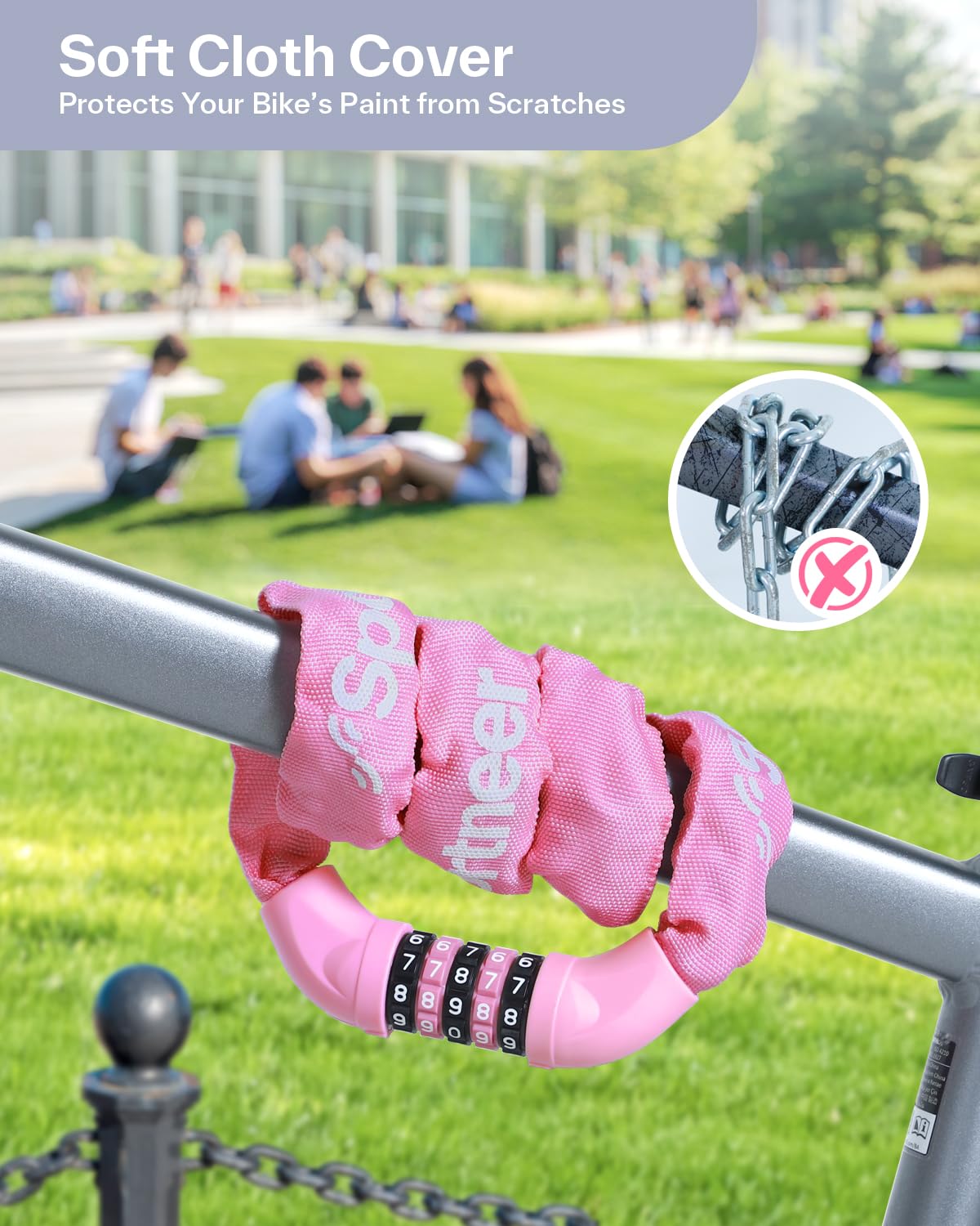 Sportneer Bike Lock: 5 Digit Combination High Security Anti Theft Bike Chain Lock - 3.2/3.6/4ft Heavy Duty Resettable Keyless Bicycle Lock for Bike, Motorcycle, Scooter, Door - 6mm Thick Pink