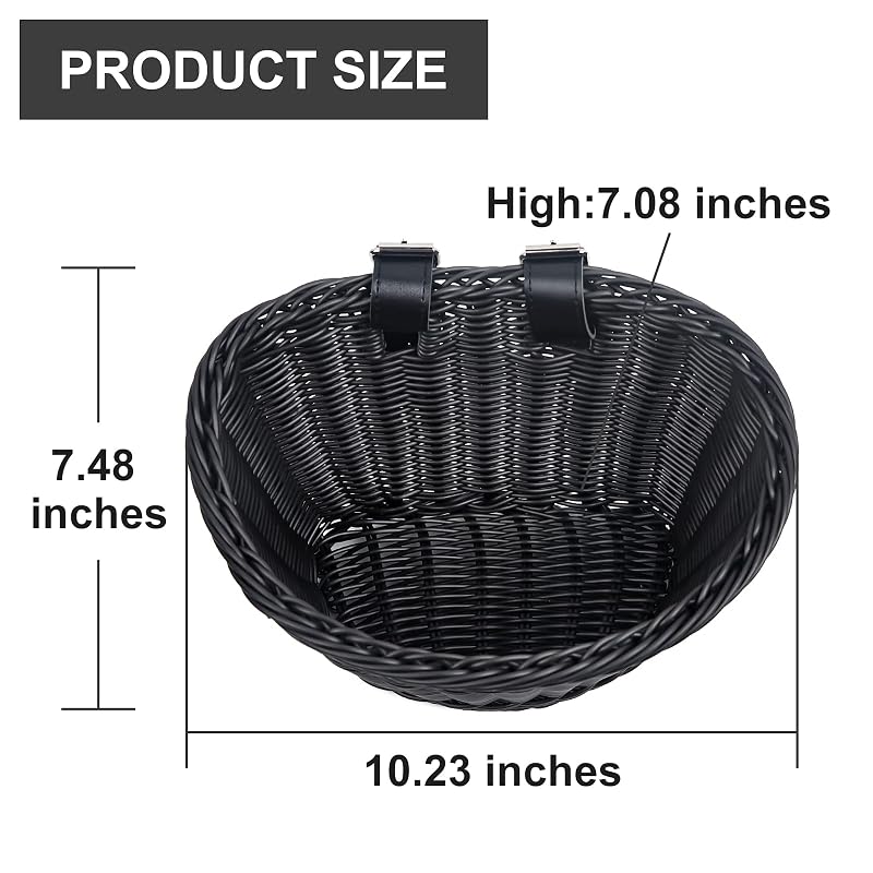 Front-Handlebar Woven Bike Basket with 2 Adjustable Leather Straps - Black&Kids Variation