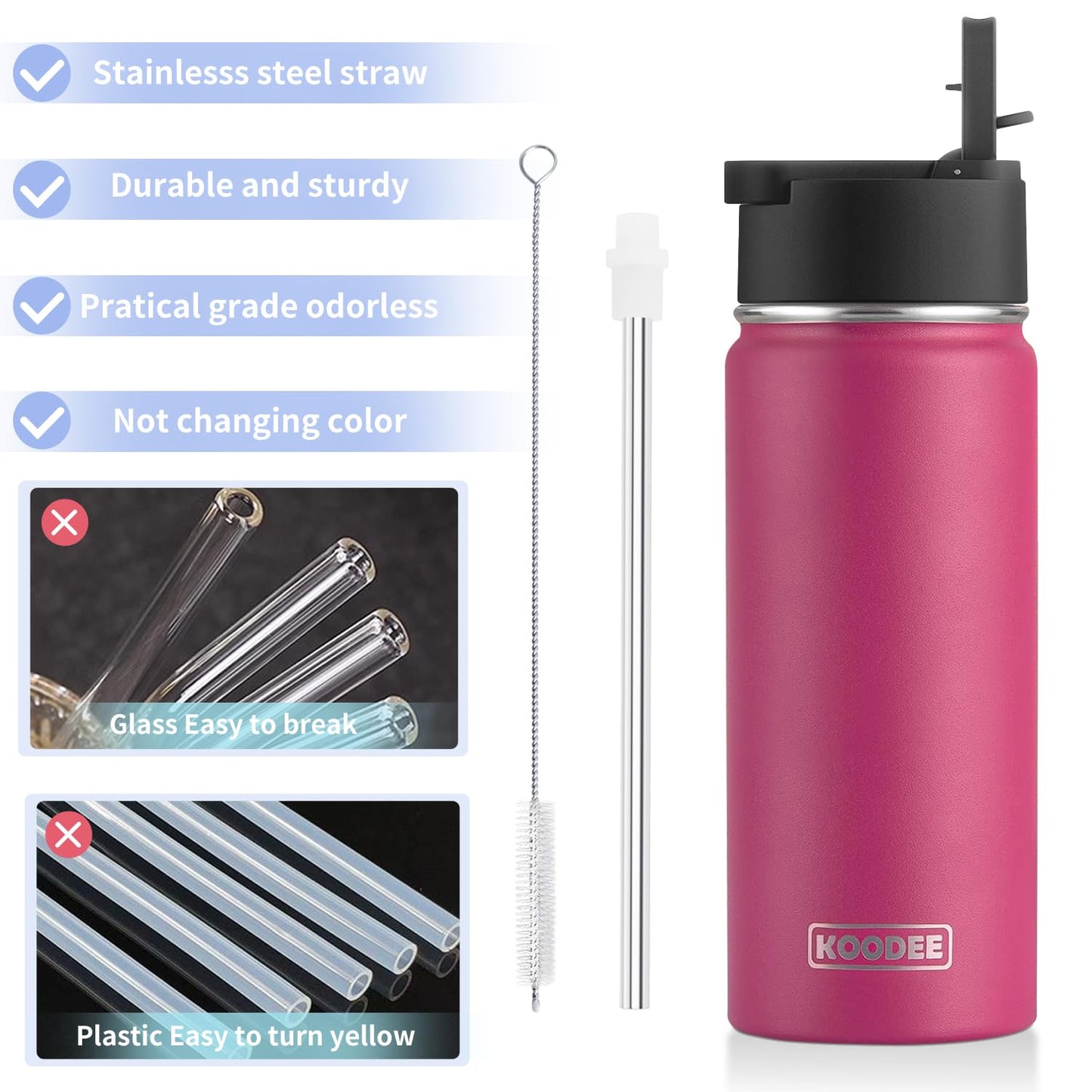 koodee Insulated Water Bottle -18 oz Stainless Steel Vacuum Water Bottle with Straw Lid-Wide Mouth Sports Flask BPA Free (Rose Red)