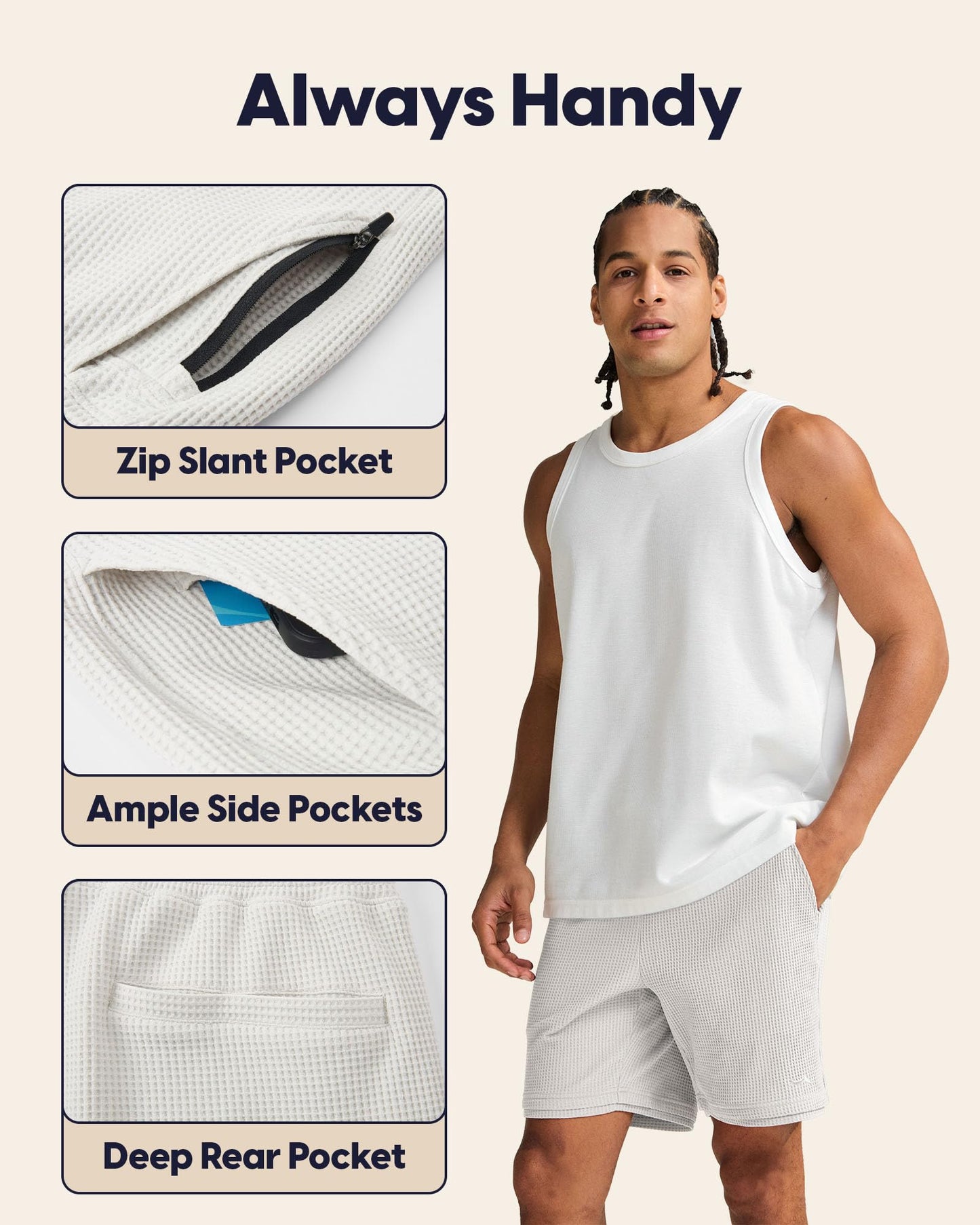 maamgic Mens Waffle Shorts Casual Lounge Shorts 7 Inch with Elastic Waist and 5 Pockets Light-Grey