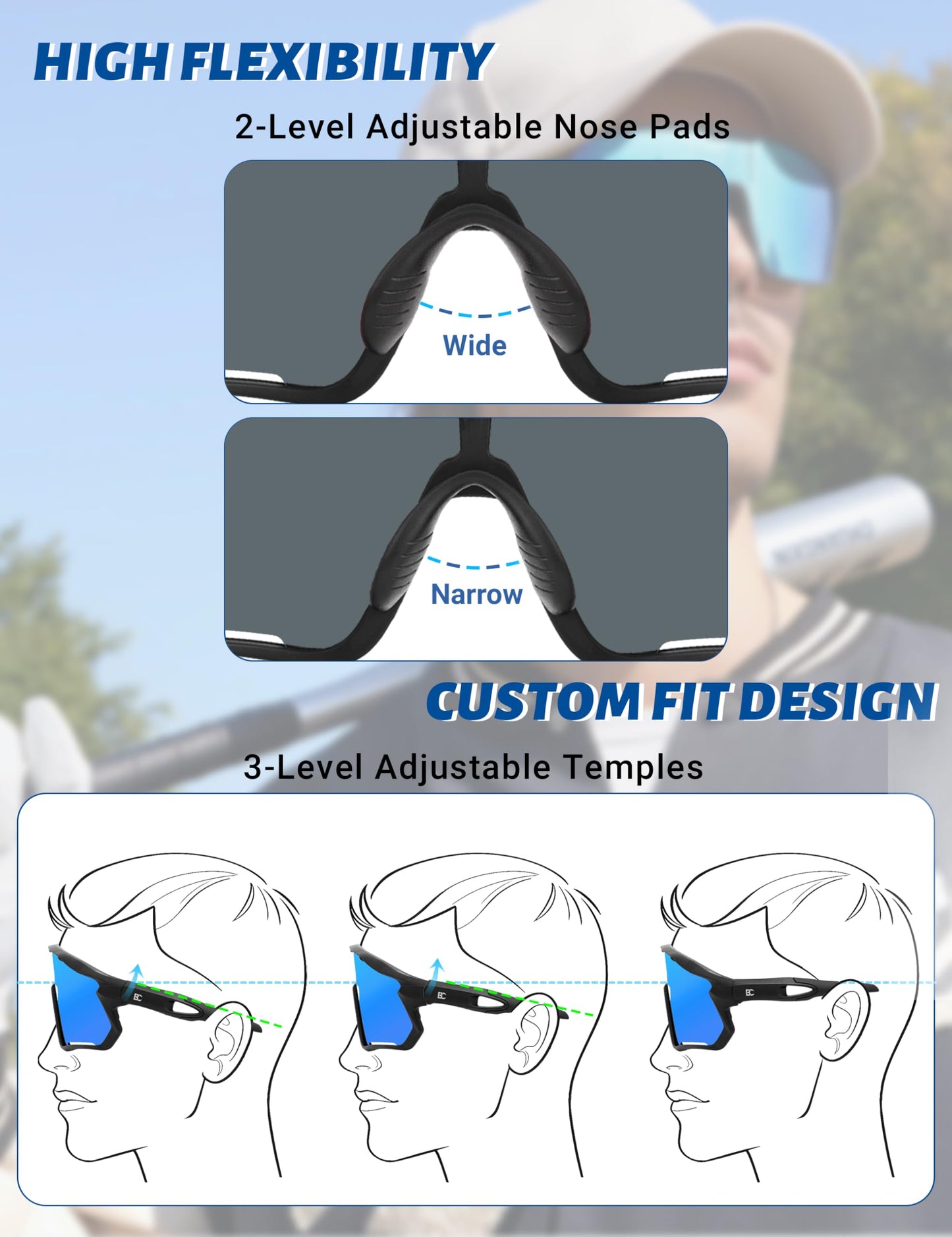 BIRCEN Polarized Baseball Running Sunglasses: TR90 Sports Cycling Glasses for Men Women UV400 Protection for Driving MTB Blue Lens