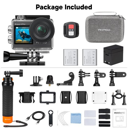 AKASO Brave 4 Pro Action Camera with Waterproof Floating Hand Grip Bundle - 4K30 20MP Ultra Hd EIS 131ft Underwater Camera 5xZoom Touch Screen WiFi Remote Control with Helmet Carry Bag Accessories Kit