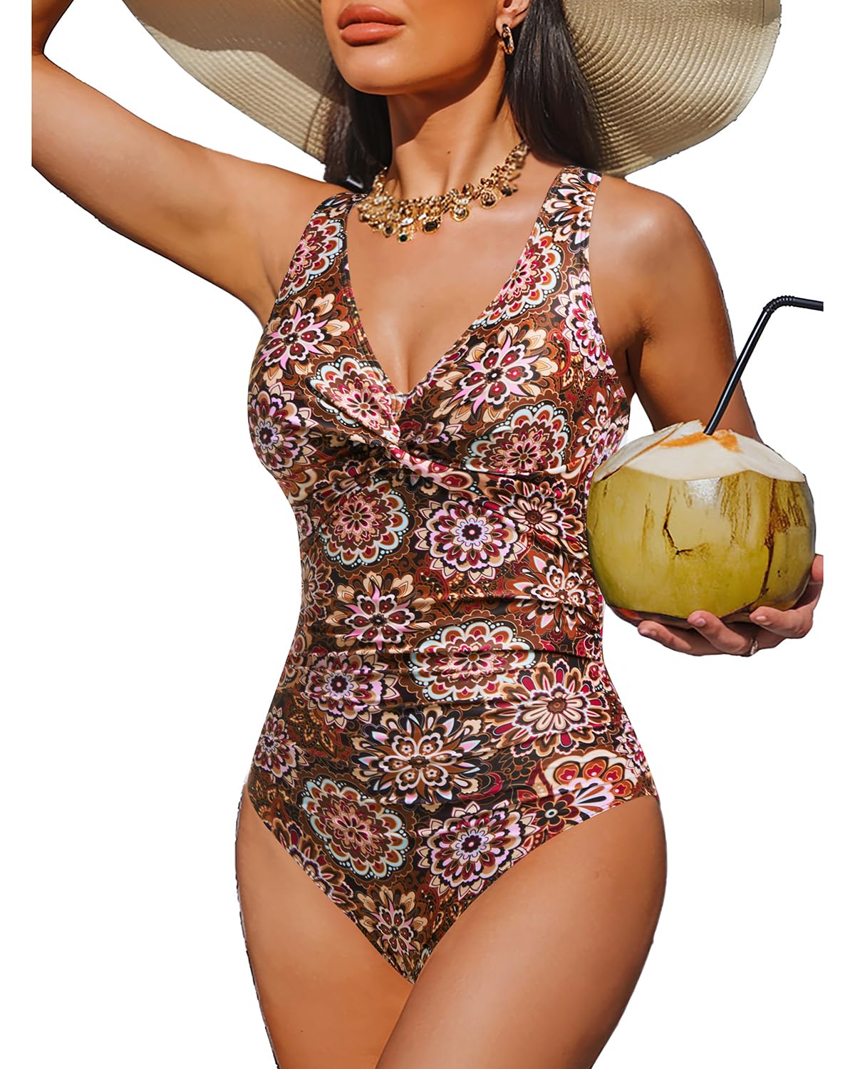 Holipick Mandala Women Tummy Control One Piece Swimsuit - Push Up Bathing Suit Full Coverage Slimming Swimwear S