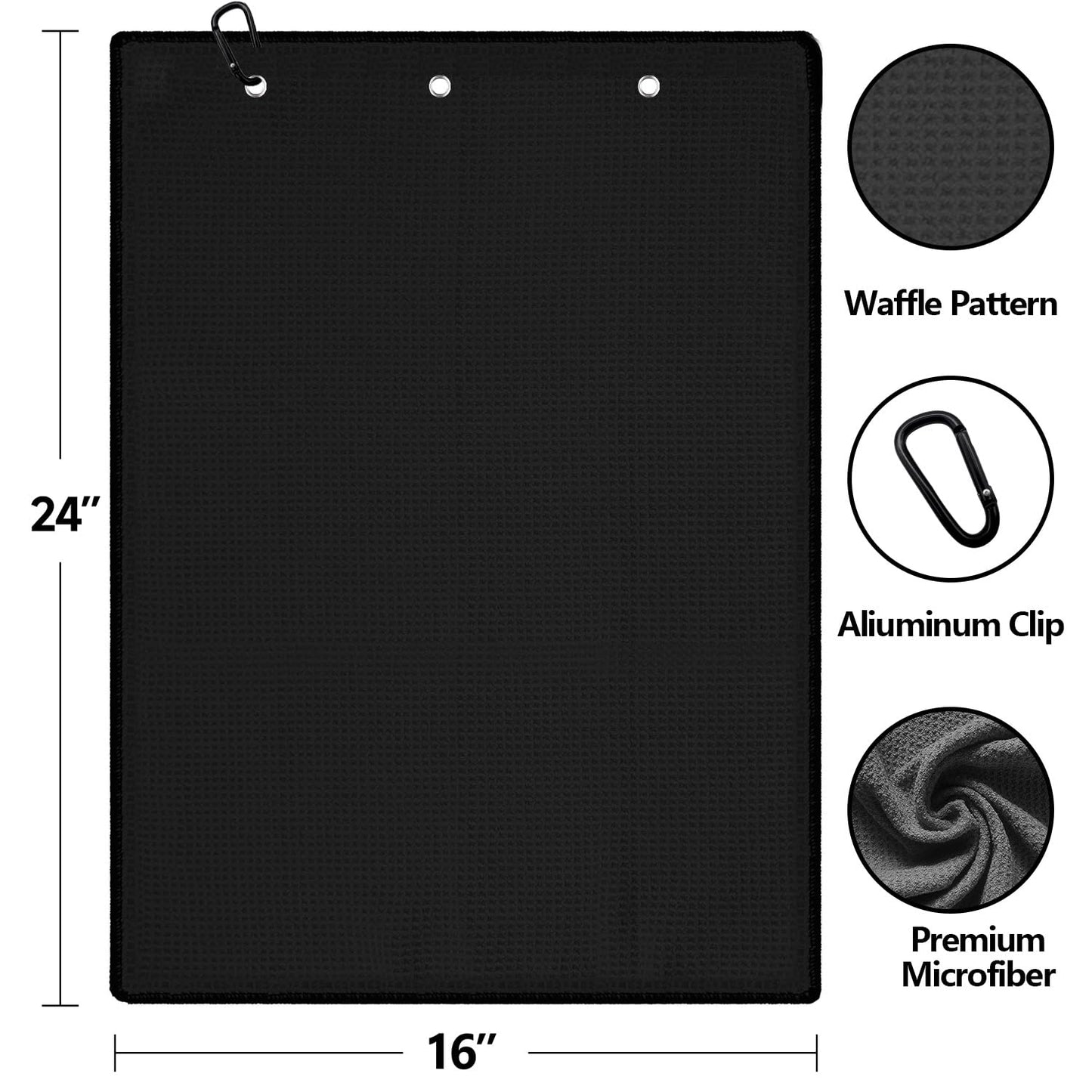 3 Pack Golf Towels - 16"x24" Tri-Fold Waffle Microfiber Golf Towel for Golf Bag/Golf Cart, Heavy-Duty Carabiner & Ultra Absorbent Fabric to Wipe Sand, Mud & Sweat (Black/Grey/Red)