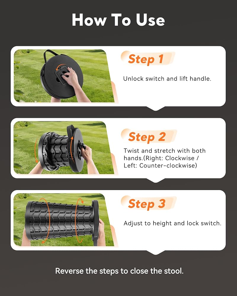 Imodomio Portable Heavy Duty Collapsible Stool - Adjustable Camping Chair (Black)