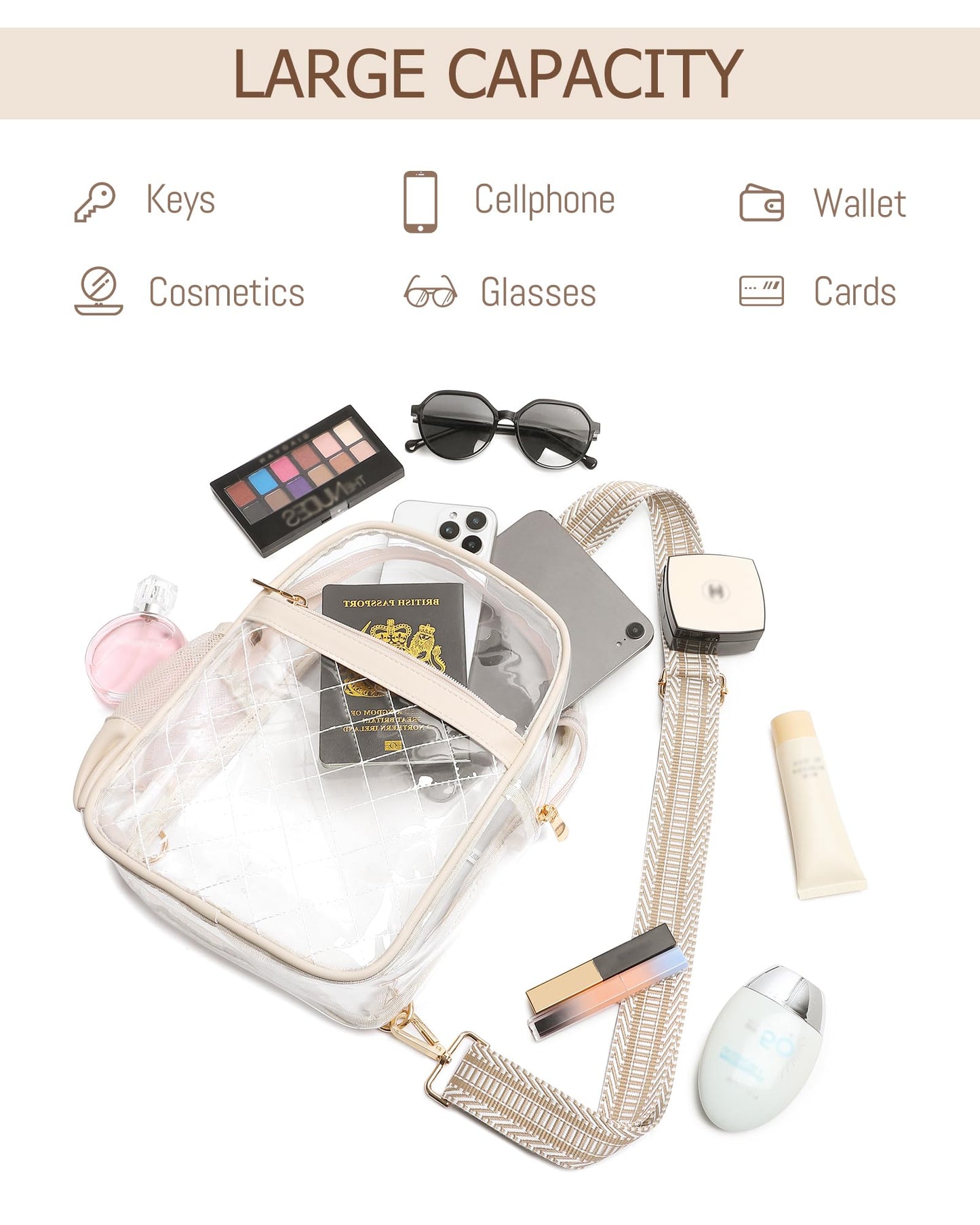 Clear Bag for Stadium Events, Clear Purse for Women, Transparent PVC Quilted Sport Concert Daily Crossbody Bag,Beige