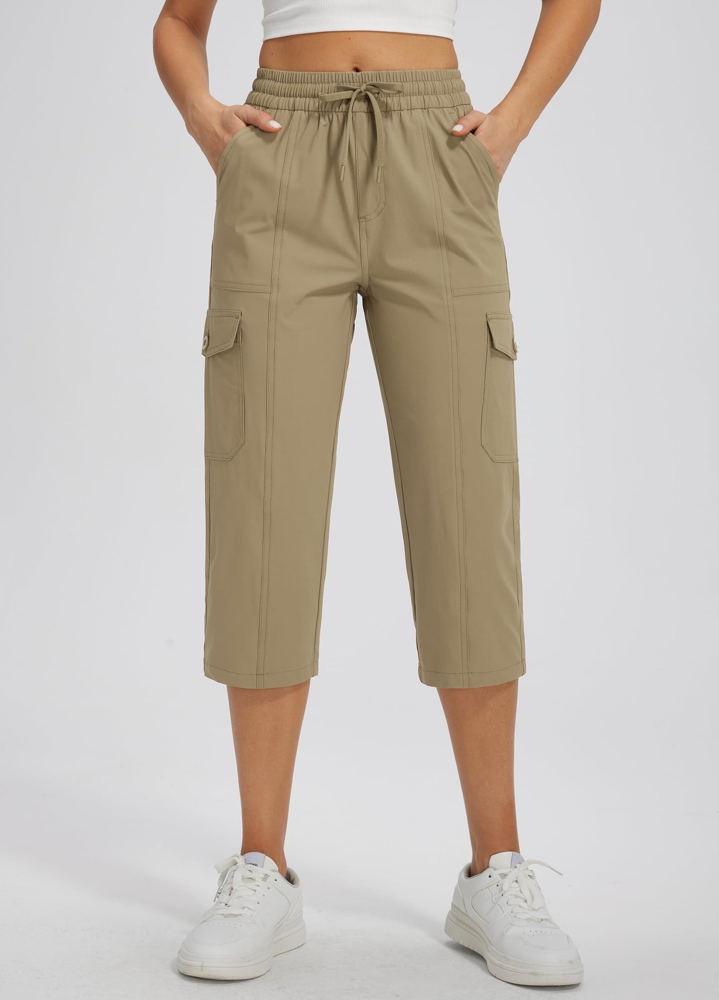 Libin Women's Capri Pants Cargo Capris Travel Hiking Casual Summer Cropped Pants Stretch Quick Dry Water Resistant, Dark Khaki L