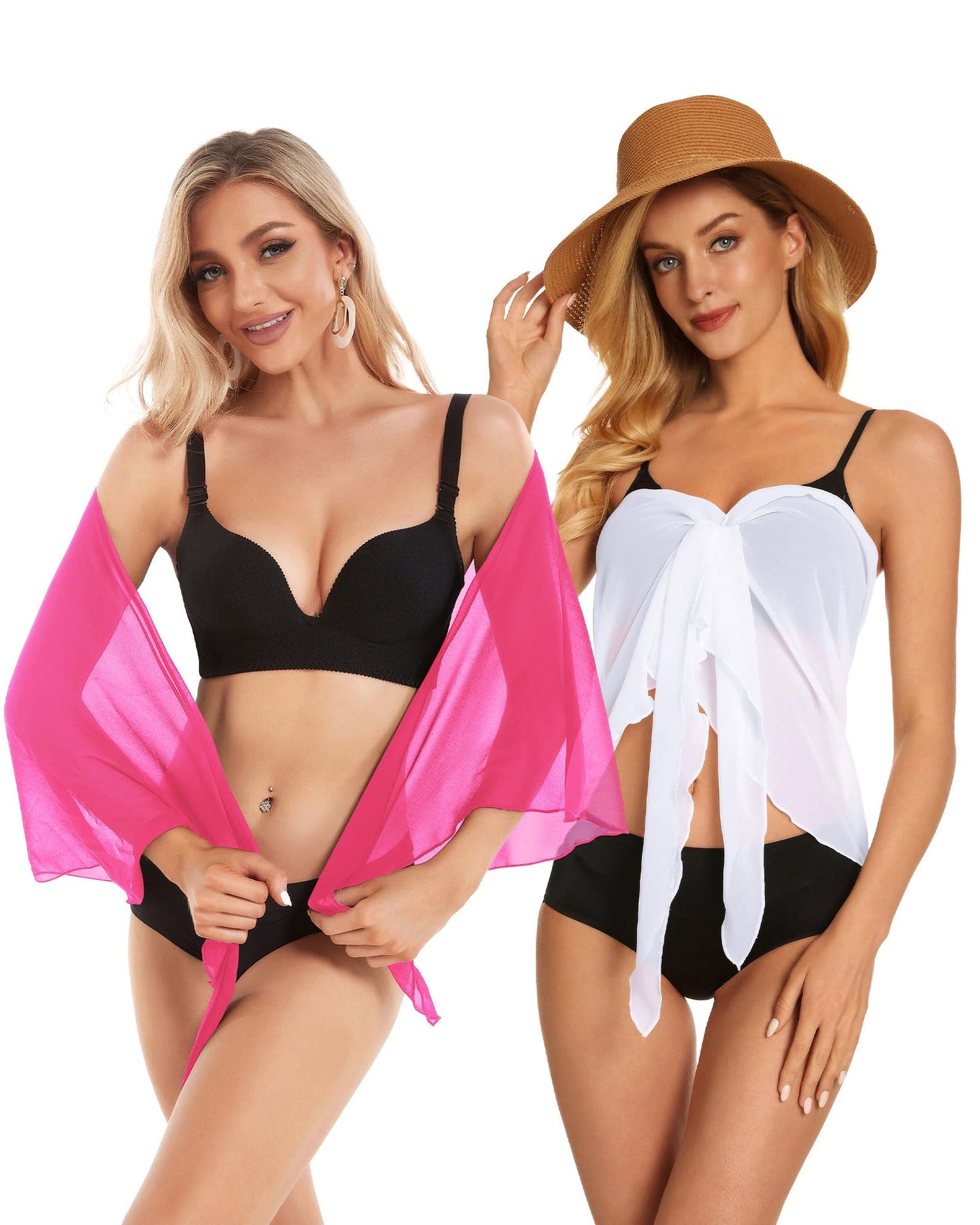 2 Pieces Sarong Cover Ups for Women Beach Bathing Suit Wrap Sheer Short Skirt Bikini Chiffon Scarf for Swimwear (White & Light Pink)