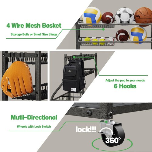 CaMecequter Garage Sports Equipment Organizer with 4 Baskets & 6 Hooks - Heavy Duty Freestanding Ball Storage for Basketball, Soccer & Outdoor Toys (Black)