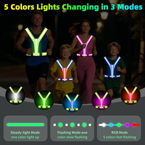 LED Reflective Vest Running Gear, 5 Lights Colors, 3 Modes, Adjustable for Running, Cycling, Walking - Led Running Vest for Men, Women, Kids(Green)
