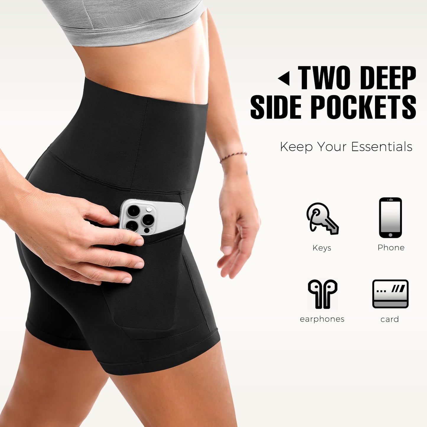 Leafigure 2 Pack Womens Biker Shorts with Pockets - 4" High Waisted Yoga Gym Running Workout Booty Shorts Black/Black S-M
