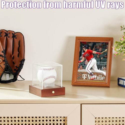 HouseJoy Baseball Display Case with Light, 10 Color LED Baseball Display Stand Wood,UV Protected Clear Cube for Memorabilia Baseball Gifts