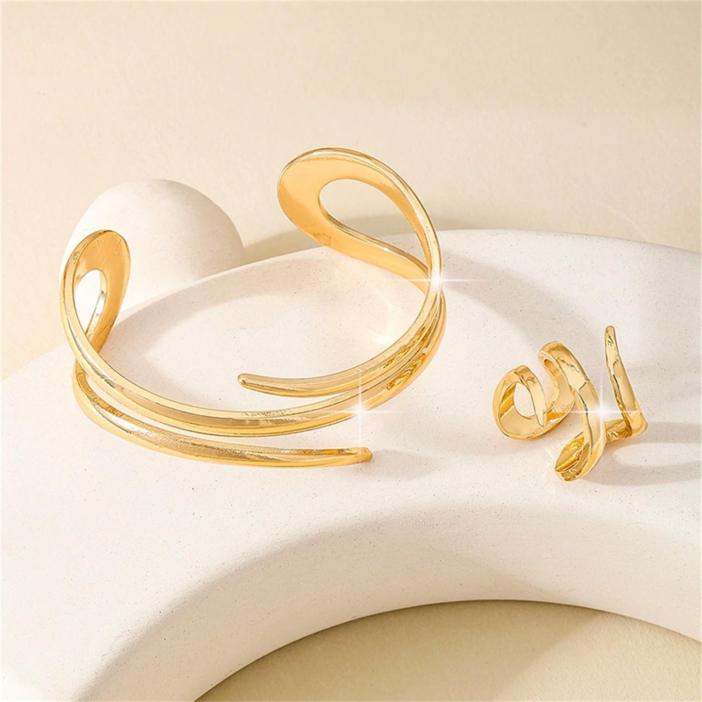 Annpro Chunky Cuff Bracelet with Ring Jewelry Set for Women Minimalist Wide Open Bracelet Simple Punk Snake Wrist Cuff Trendy Statement Jewelry (Style-C)