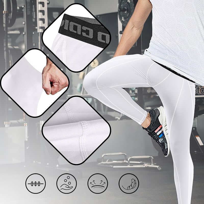 Mens Compression Pants Leggings Running Base Layer Quick Dry White Large