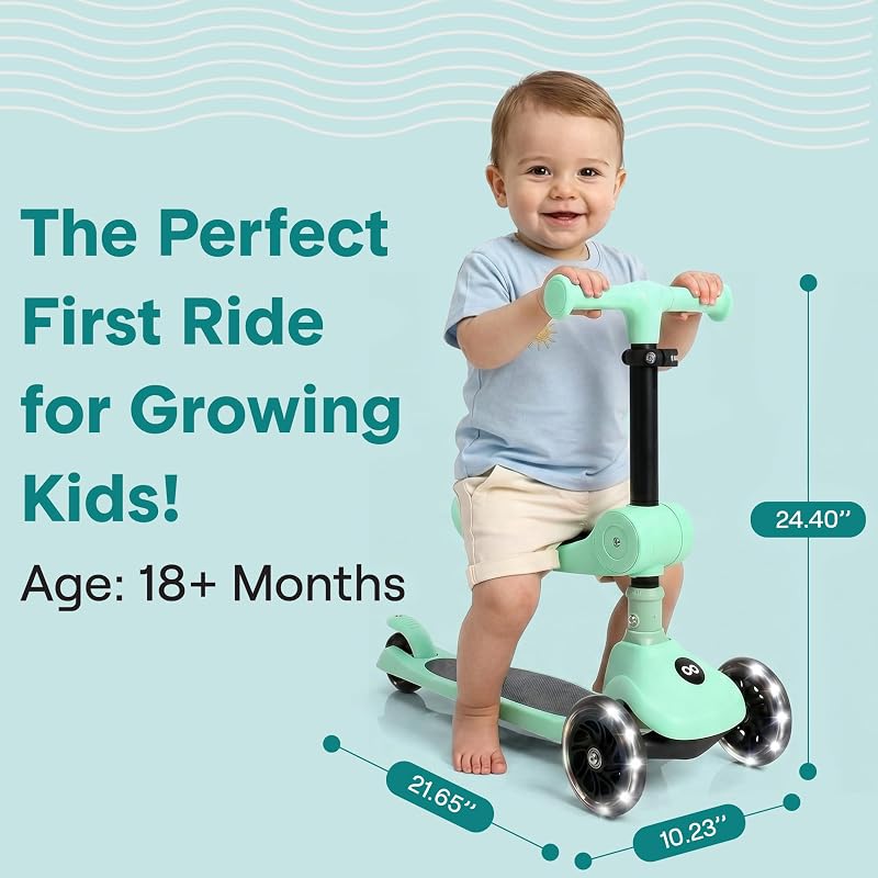 SereneLife 3-Wheel Kids Scooter with Seat, LED Wheels – Mint Green
