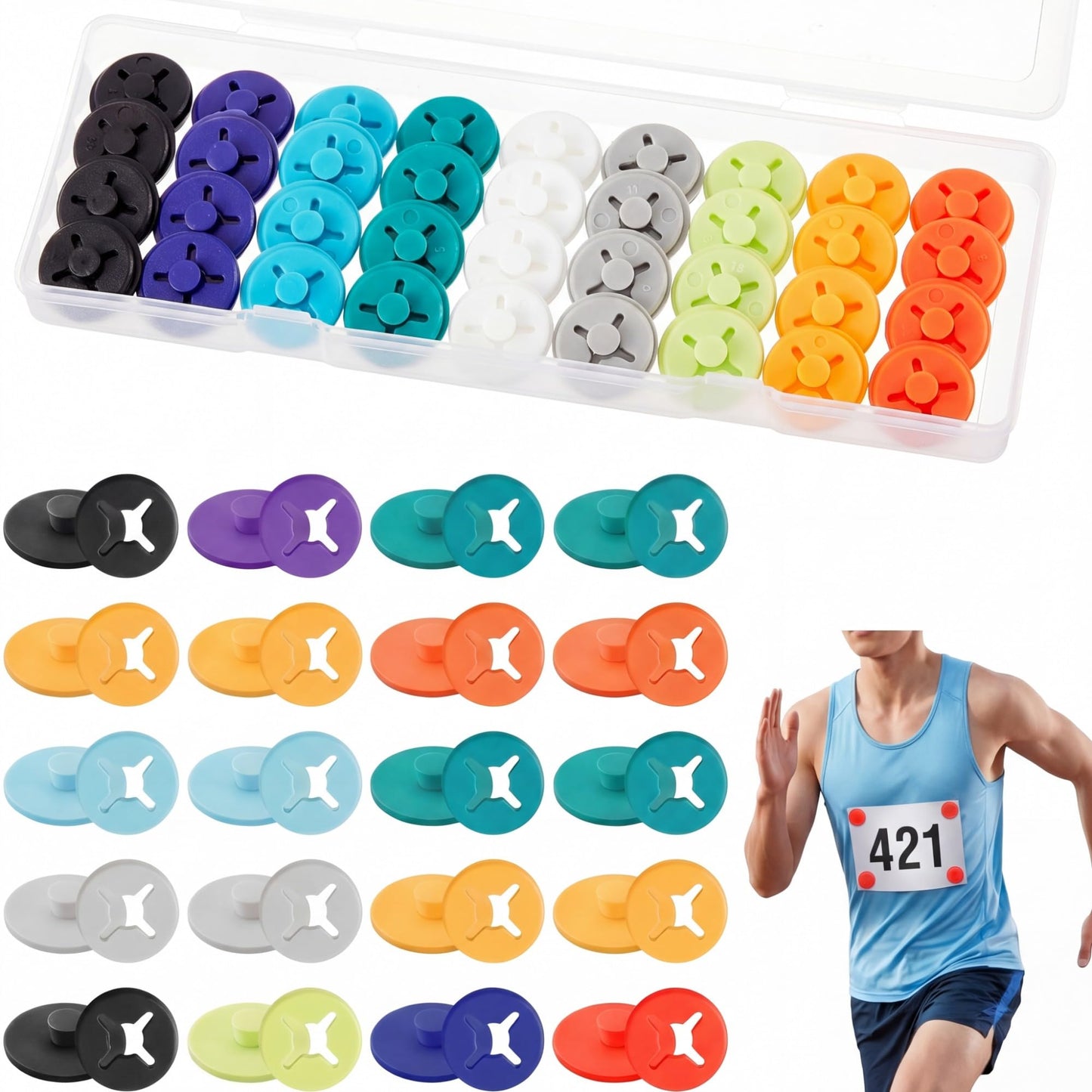 Juexica 12 Pcs Running Bib Clips Race Number Buckle Fixing System Triathlon Race Bib Holder Marathon Number Buckles Fasteners Holders for Runners Field Events, Mixed Colors