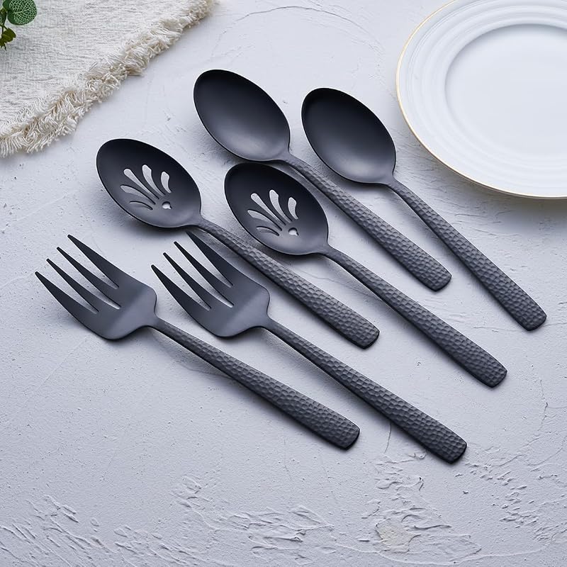 Matte Black 2 Spoons & 2 Slotted Spoons & 2 Forks Serving Utensil Set (FULLYWARE) - 9.5" Heavy-Duty 18/0 Stainless