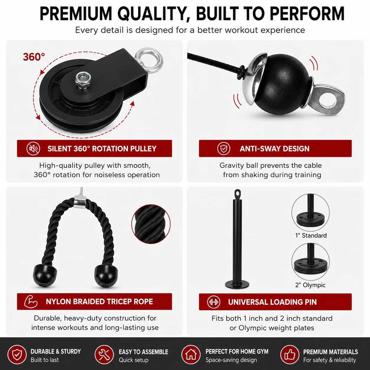 Cable Pulley System Home Gym, LAT Pull Down Weight Pulley System Gym Fitness DIY Loading Pin Weight Lifting Triceps Rope Workout Adjustable Length Pulley Cable Machine Attachments for Home Gym