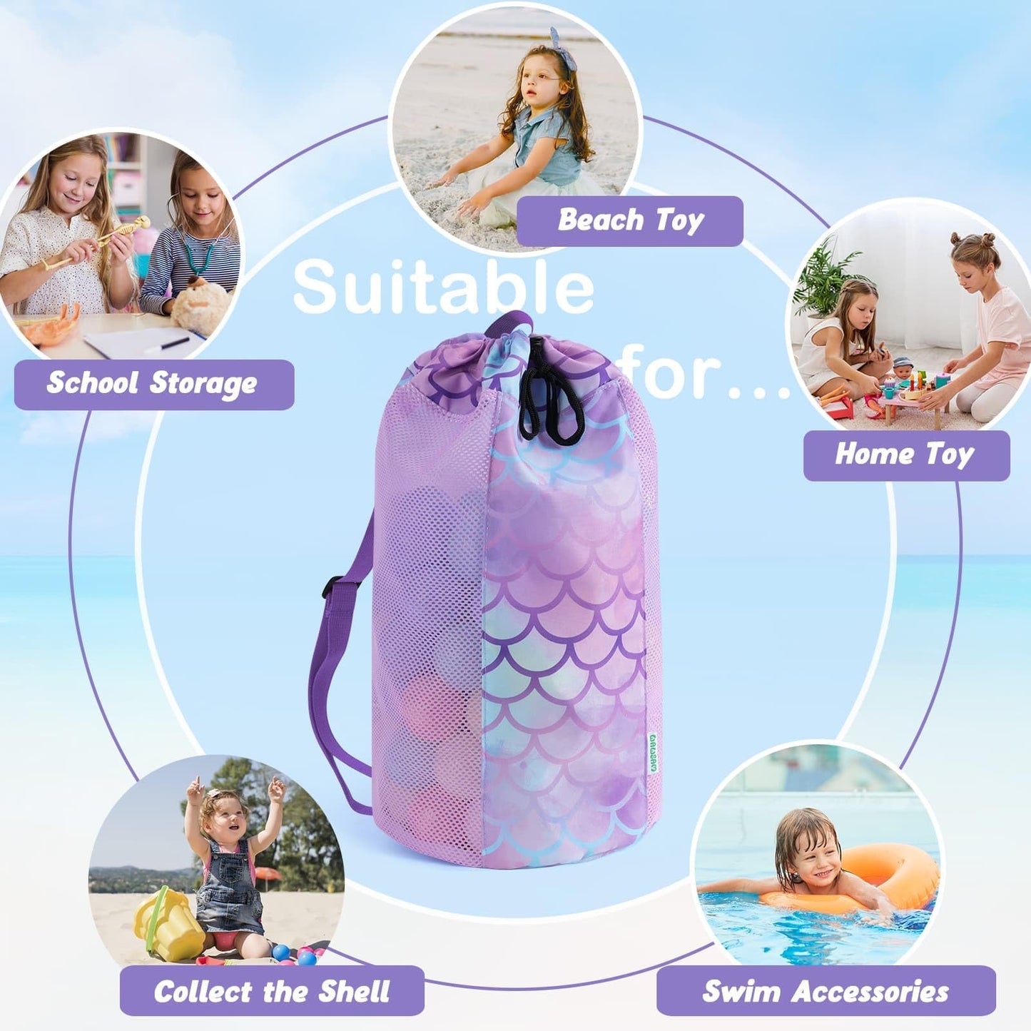 WAWSAM Mermaid Large Mesh Beach Bag for Kids, Drawstring Beach Backpack for Girls, Tote Mesh Beach Toys Bag, Swim Pool Toys Balls Storage Bags Gym Bag, Beach Toy Shells Organizer