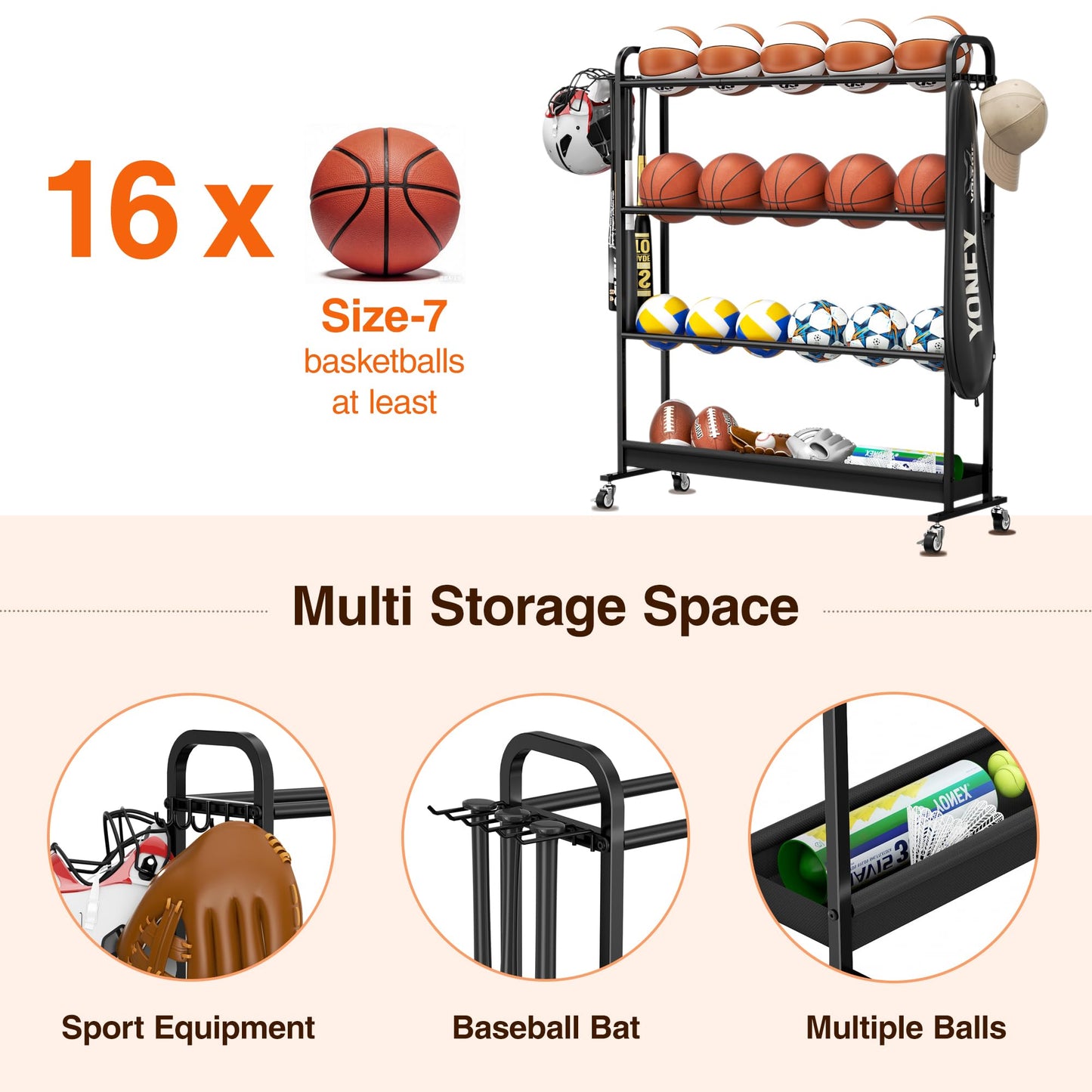 Josmimic Adjustable Basketball Rack with Wheels, 4-Tier Sports Ball Storage Cart for Basketball Football Volleyball Soccer & More, Holds up to 20 Balls