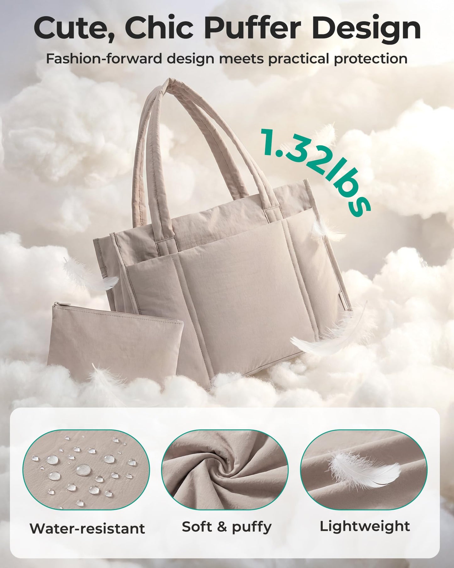 BAGSMART Tote Bag for Women, 2Pc Puffy Tote Bag Set with Zipper, Quilted Large Work Teacher Bag for Travel