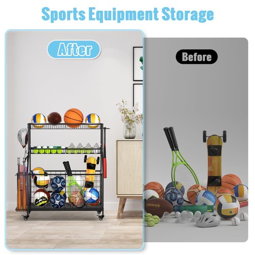 WUC Sports Equipment Organizer - Garage Ball Storage Rack with Basket, Hooks and Rolling Cart for Toy Sports Gear Storage, Black
